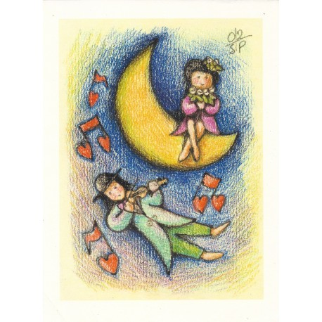 INNAMORATI SULLA LUNA, riproduzione di un'illustrazione di Sabatino Polce fatto con pastelli a cera. 18 x 24 cm