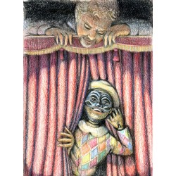 APPLAUSI, Arlecchino a teatro, illustrazione di Sabatino Polce fatto con pastelli a cera