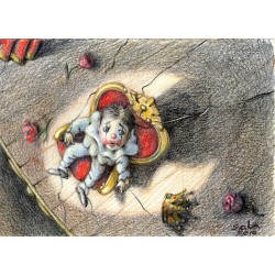 CASO O DESTINO, marionetta a teatro, illustrazione di Sabatino Polce fatto con pastelli a cera