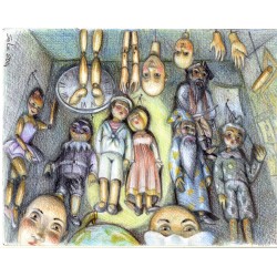 IL CASTELLO INCANTATO DISEGNO ORIGINALE di marionette appese, illustrazione di Sabatino Polce fatto con pastelli a cera