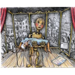 TRISTE FINALE, DISEGNO ORIGINALE di una marionetta che sorregge il suo burattinaio, di Sabatino Polce. pastelli a cera.
