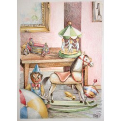 LA STANZA DEI GIOCHI bambini con cavallino e dondolo, Pinocchio, carillon e tanti altri giocattoli. pastelli a cera