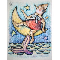 PINOCCHIO E LA LUNA, illustrazione ORIGINALE di Pinocchio ne cielo stellato. Disegno di Sabatino Polce. Pastelli a cera