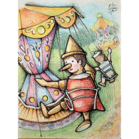 PINOCCHIO in giostra, illustrazione ORIGINALE di Pinocchio in giostra. Disegno di Sabatino Polce. Pastelli a cera