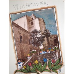 BAMBINI IN PRIMAVERA. illustrazione ORIGINALE di BAMBINI in paese, in mezzo ai fiori. Disegno di Sabatino Polce.