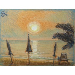 Illustrazione PAESAGGIO MARINO ALL'ALBA. Illustrazione mare alba, Disegno di Sabatino Polce: pastelli e cera