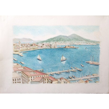 GOLFO DI NAPOLI illustrazione del golfo di Napoli. Disegno di Sabatino Polce. TECNICA: Pastelli