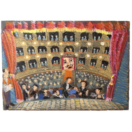 A TEATRO illustrazione di Polce Sabatino, la vista della platea, dal palcoscenico di un teatro. TECNICA: Pastelli a cera