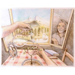 illustrazione LA CURA di Polce S. le montagne, mani che curano una piantina, Una foto di famiglia e il riflesso dell'amore