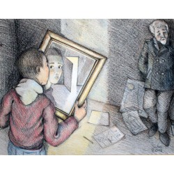 RIFLESSO illustrazione di Polce S.. rapporto padre - figlio: un padre impotente, un figlio che cerca la sua identità: Pastelli