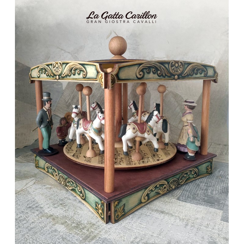CARILLON GIOSTRA CAVALLI con bimbi, in legno per bambini. carillon  battesimo o nascita. Da collezione per