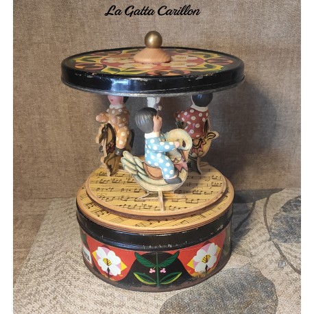 carillon giostra BAMBINI, CARILLON FIORI E BAMBINI, carillon da collezione scatola con fiori, scatola latta VINTAGE.