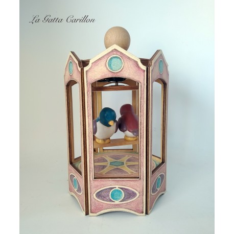 carillon giostra uccellino in altalena, carillon battesimo e carillon nascita compleanno. da collezione in legno e ceramica.