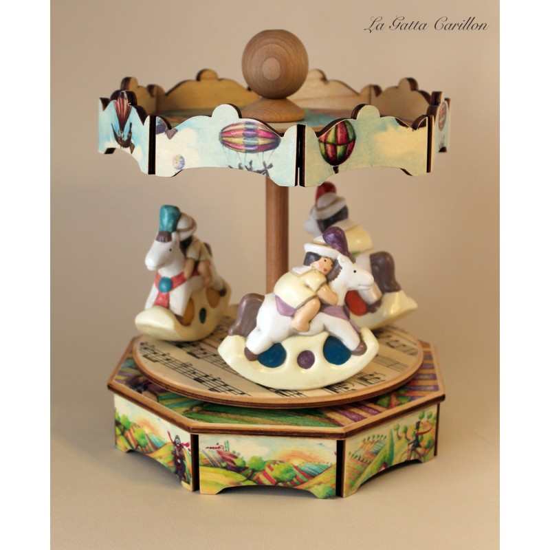 carillon GIOSTRA CAVALLI. carillon giostra per bambini e neonato in legno e  ceramica. Regalo battesimo.
