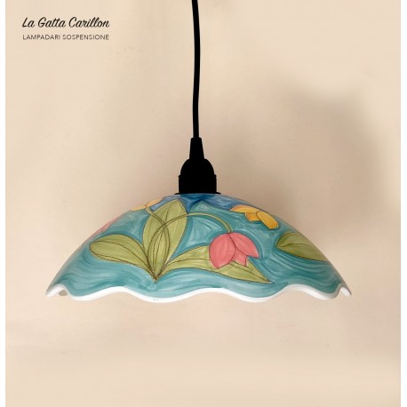 lampadario sospensione in ceramica con fiori tulipani dipinti nella parte interna.